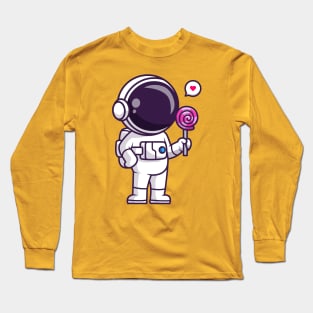 Cute Astronaut Eating Lollipop Candy Cartoon Long Sleeve T-Shirt